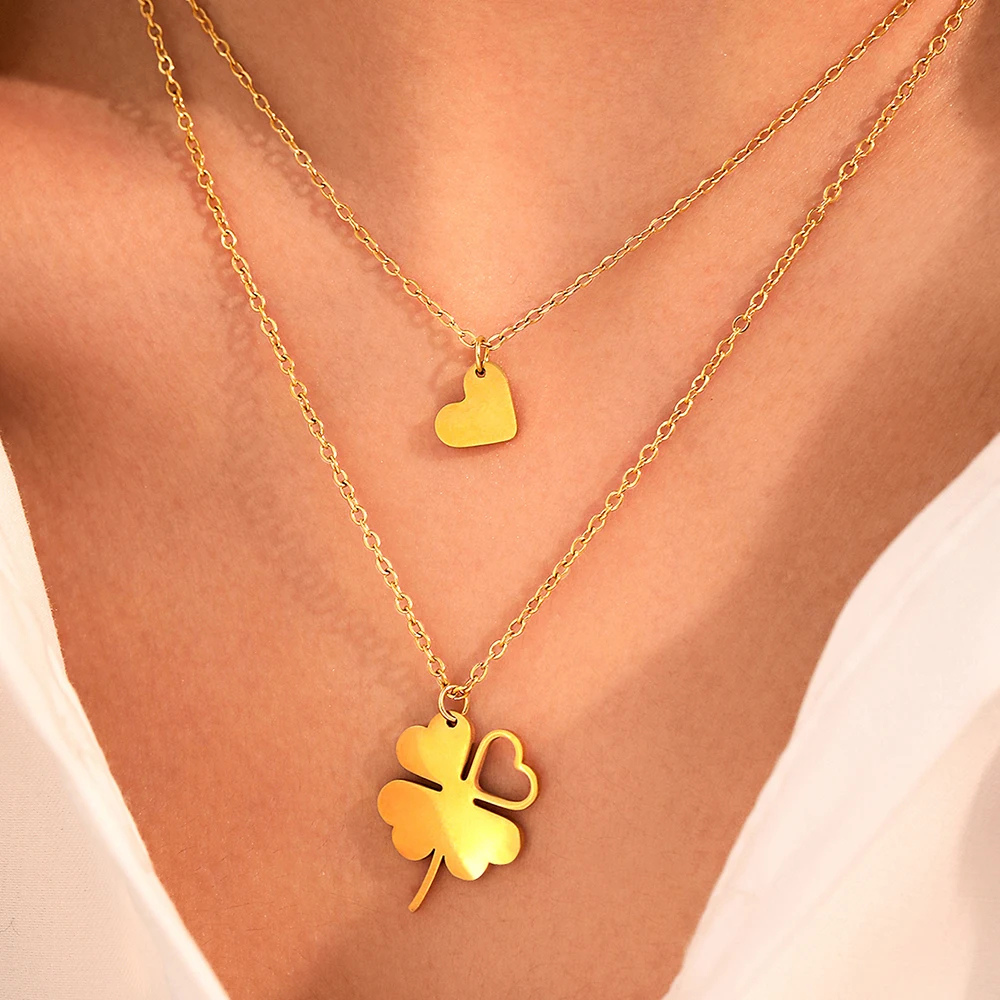Double Collier Trèfle et Cœur or