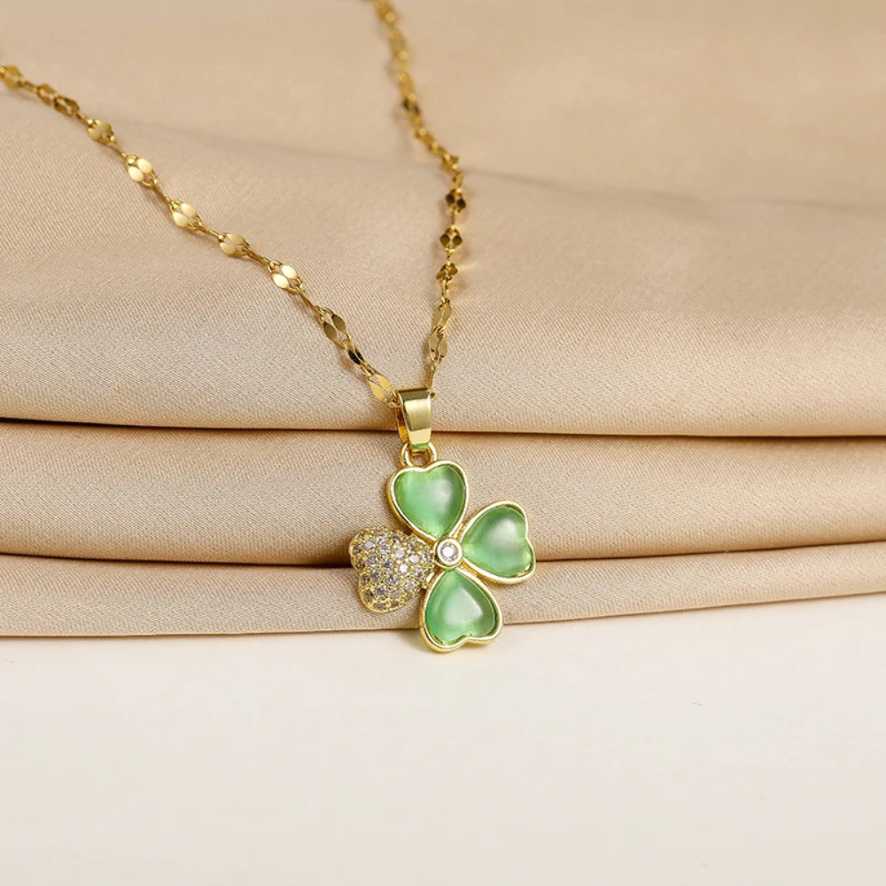 Collier Trèfle Vert or acier