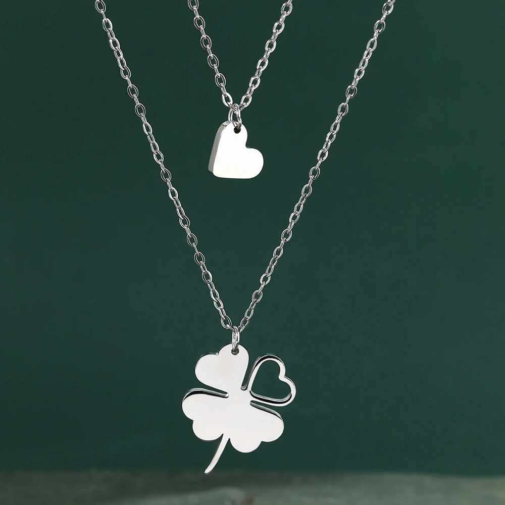 Double Collier Trèfle et Cœur argent