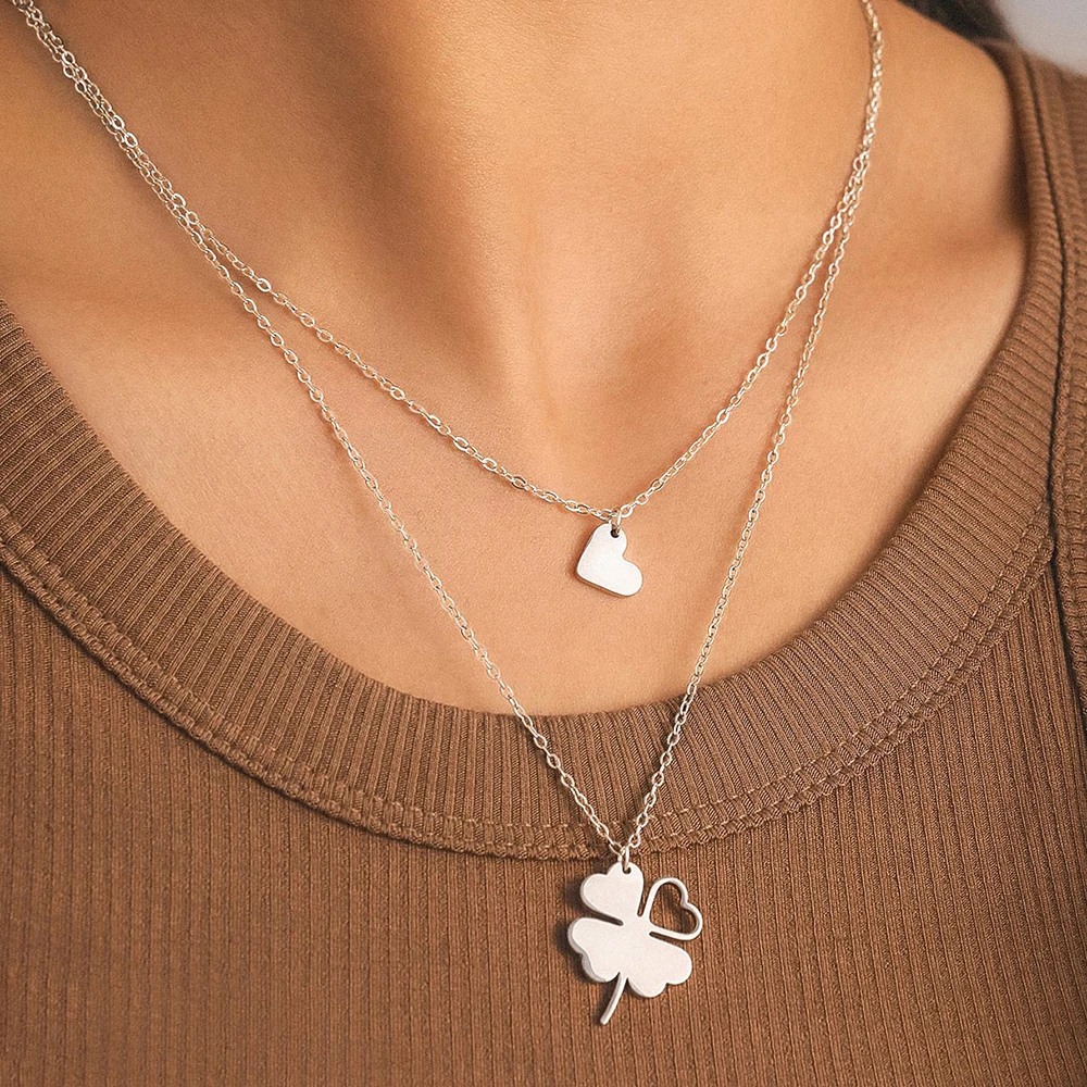 Double Collier Trèfle et Cœur argent