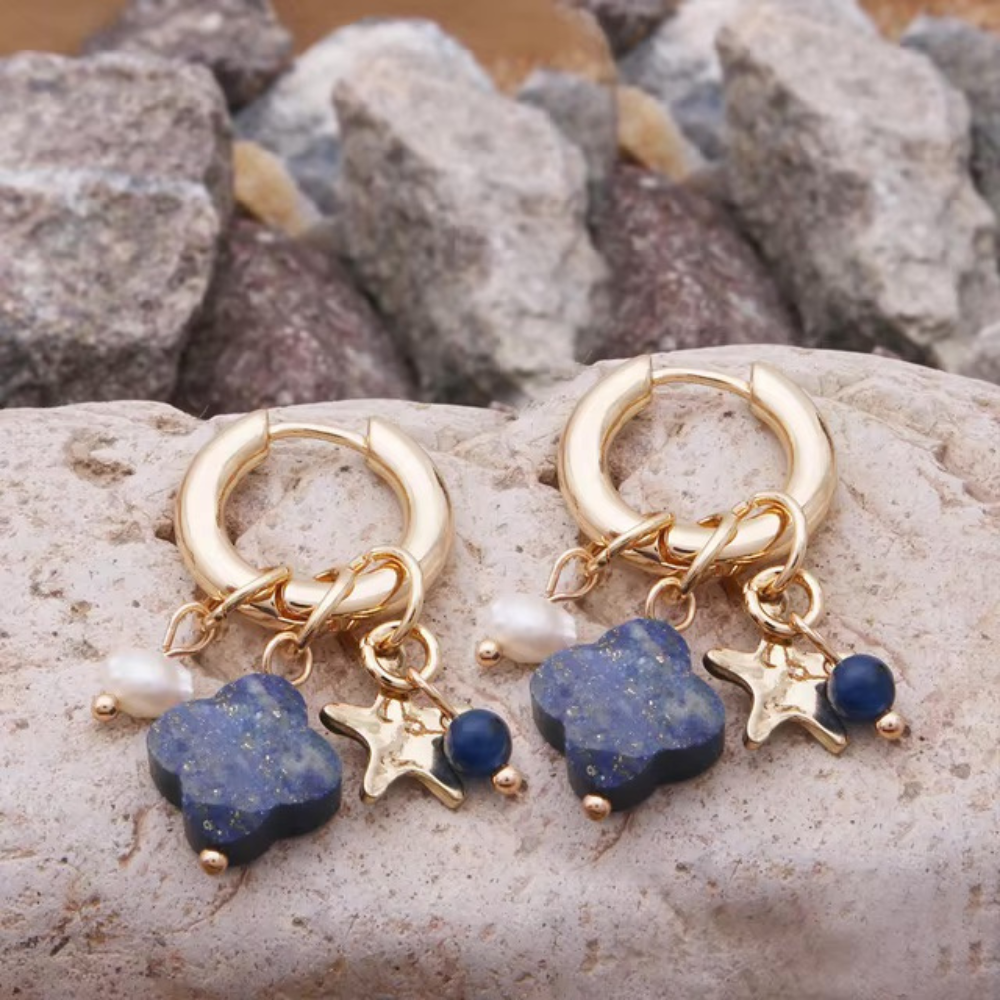 Boucles d'Oreilles Trèfle Pendantes bleu marine