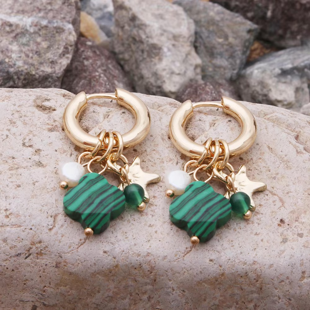 Boucles d'Oreilles Trèfle Pendantes malachite