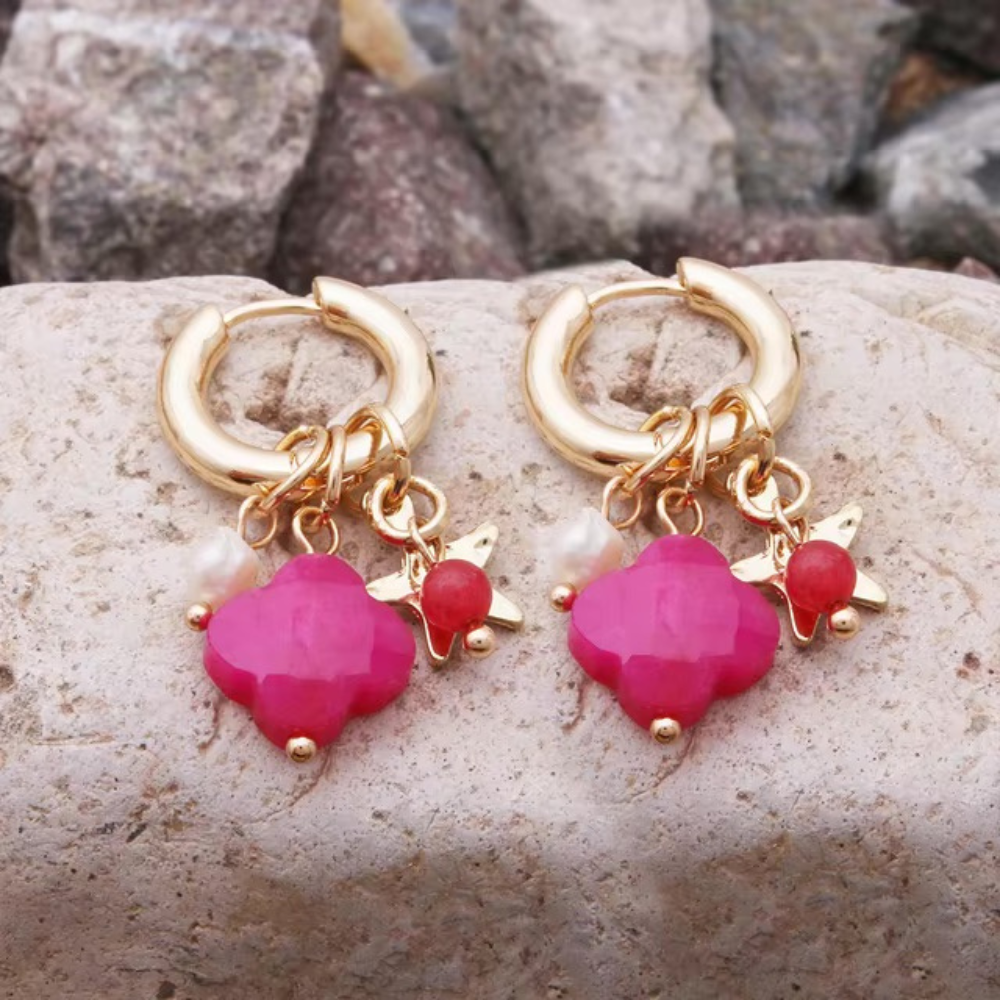 Boucles d'Oreilles Trèfle Pendantes breloque fuchsia