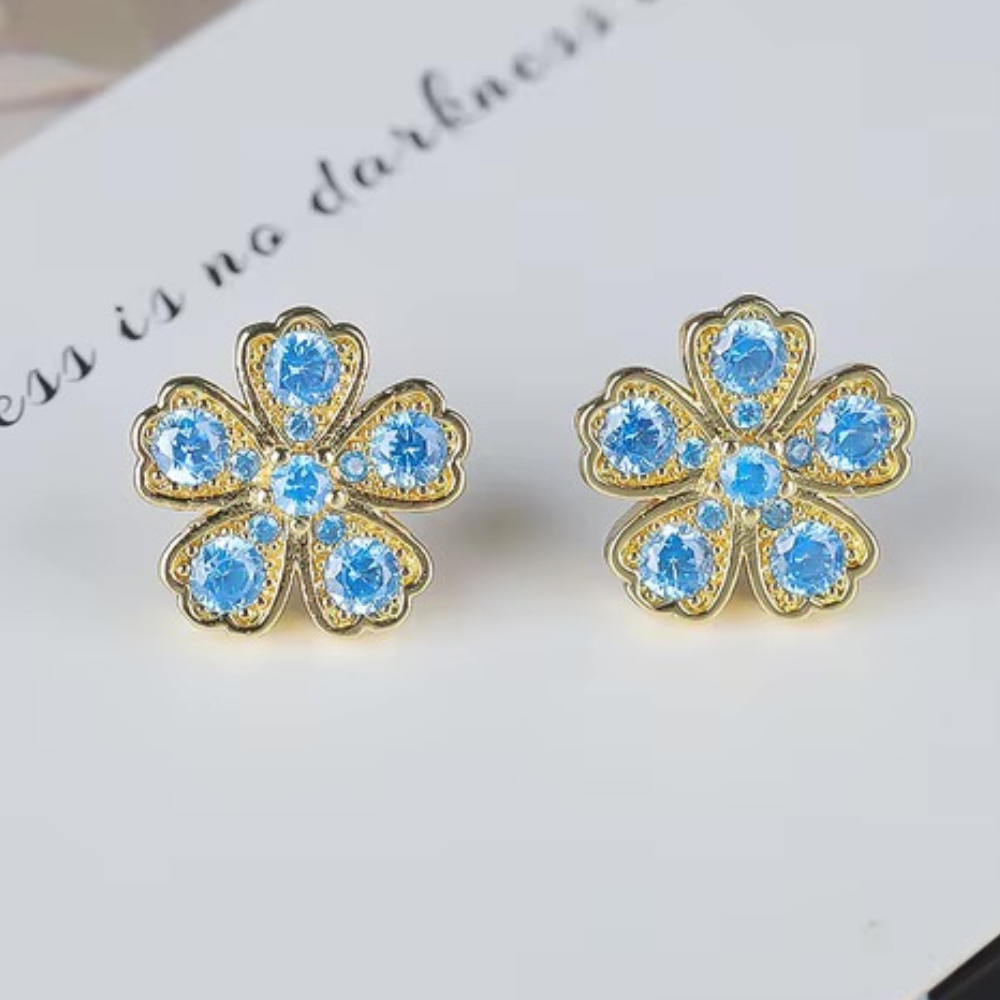 Boucles d'Oreilles Trèfle Zircons bleu