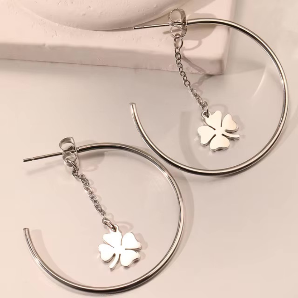 Boucles d'Oreilles pendentif Trèfle Créoles argent