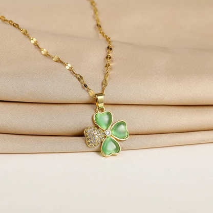 Collier Trèfle Vert or acier