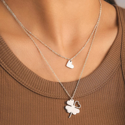 Double Collier Trèfle et Cœur argent